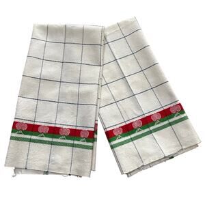 FIVE kitchen tea towels woven cotton cloth white blue red apple motif unfinished